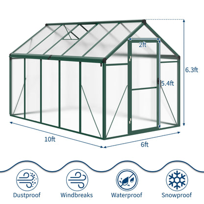 GarveeHome 6X10 FT Greenhouse for Outdoors, Large Walk-in Polycarbonate Greenhouse Kit, Aluminum Frame, Lockable Door, Roof Vent, Ground Spikes, for Garden, Patio, Backyard, Outdoor Plant Growth
