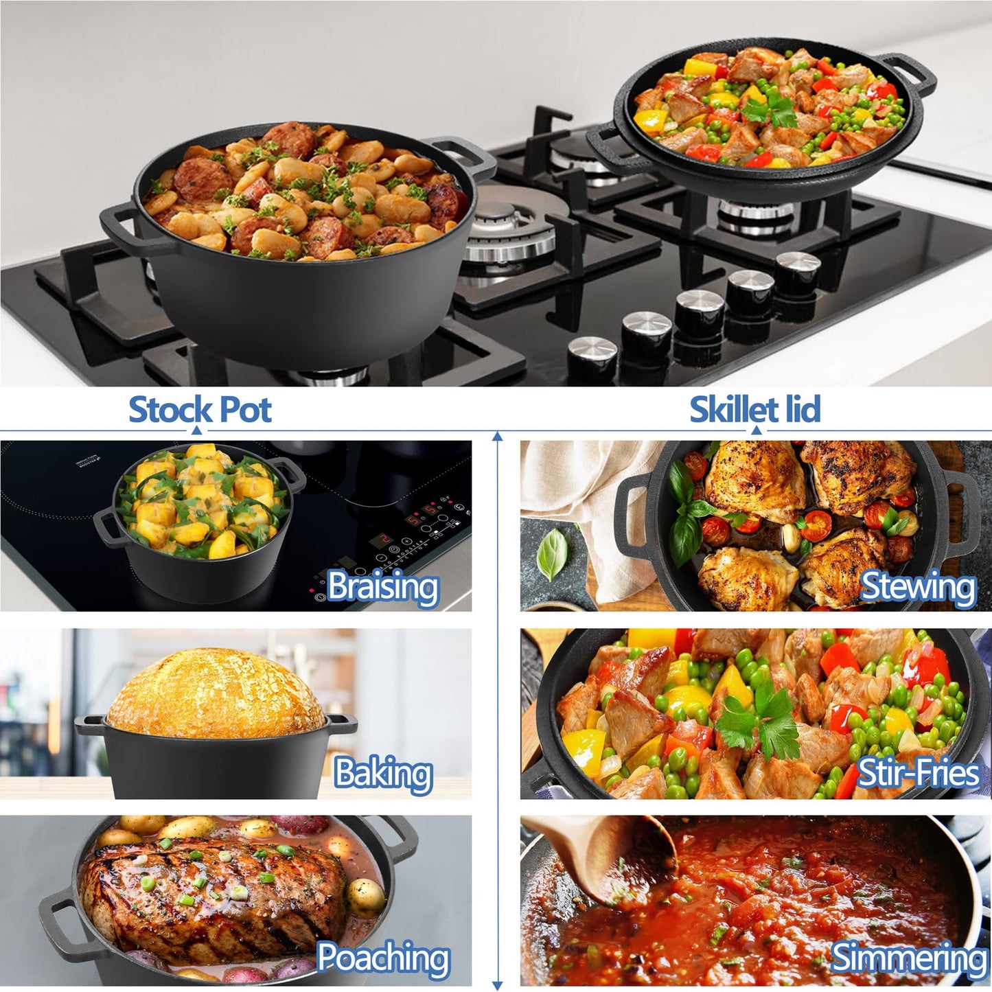 2 in 1 Enameled Cast Iron Dutch Oven, HaSteeL 5 QT Pot & 2 Quart Skillet Lid Pan, Non-Stick Cookware Multi Cooker for Bread Baking Cooking Stewing, Suit for All Cooktops, Dual Handles & Oven Safe,