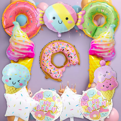 12 PCS Large Ice Cream Theme Balloons, Donut & Candy Foil Mylar Balloons for Ice Cream Party Decorations, Summer Birthday, Baby Shower Supplies