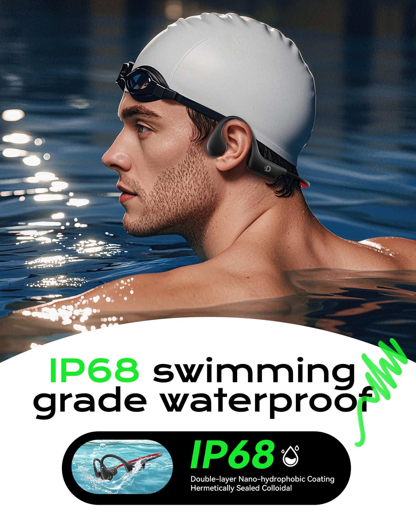 DEMICEA Open Ear Sport Headphones, Wireless Bone Conduction Earphones, Built-in 32GB MP3,with Mic, IP68, Sweat & Water Resistant, Up to 8 Hours Battery, Bluetooth 5.3, for Running, Workouts, Swimming