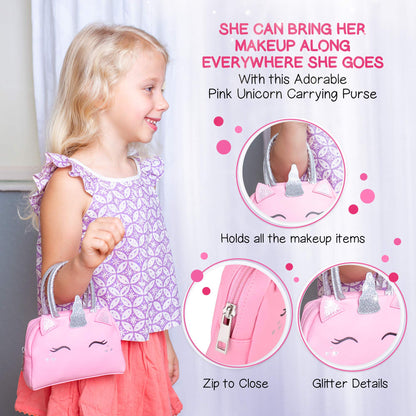 Kids Real Makeup Kit for Girls with Pink Unicorn Purse, Non Toxic Washable Make Up - Unicorn Toys for Toddler & Birthday Gifts for Girl Ages 3 4 5 6 7 8 9 10 Years Old - Pretend Play Vanity Set