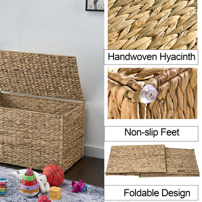 MOORLITER Water Hyacinth Storage Basket with Lid, 42.3 Gallon (160L) Wicker Storage Trunk with Handles, Handwoven Wicker Storage Bin for Blanket, Foldable, for Living Room, Laundry Room, Natural