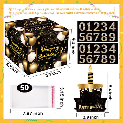 Meiidoshine Birthday Money Gift Box with DIY Stickers for Any Age, Surprise Money Boxes for Cash Gift with Pull Out Happy Birthday Day Card and 50Pcs Transparent Bags