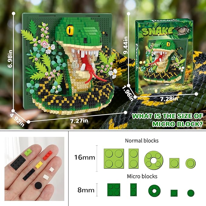 Snake Animal 3D Wall Art Micro Mini Building Blocks Set Unique Home Wall Decor or Table Display No Compatible with Lego Ideal Gift Toy for Adults &amp Boys Girls 14+ (1967 PCS)