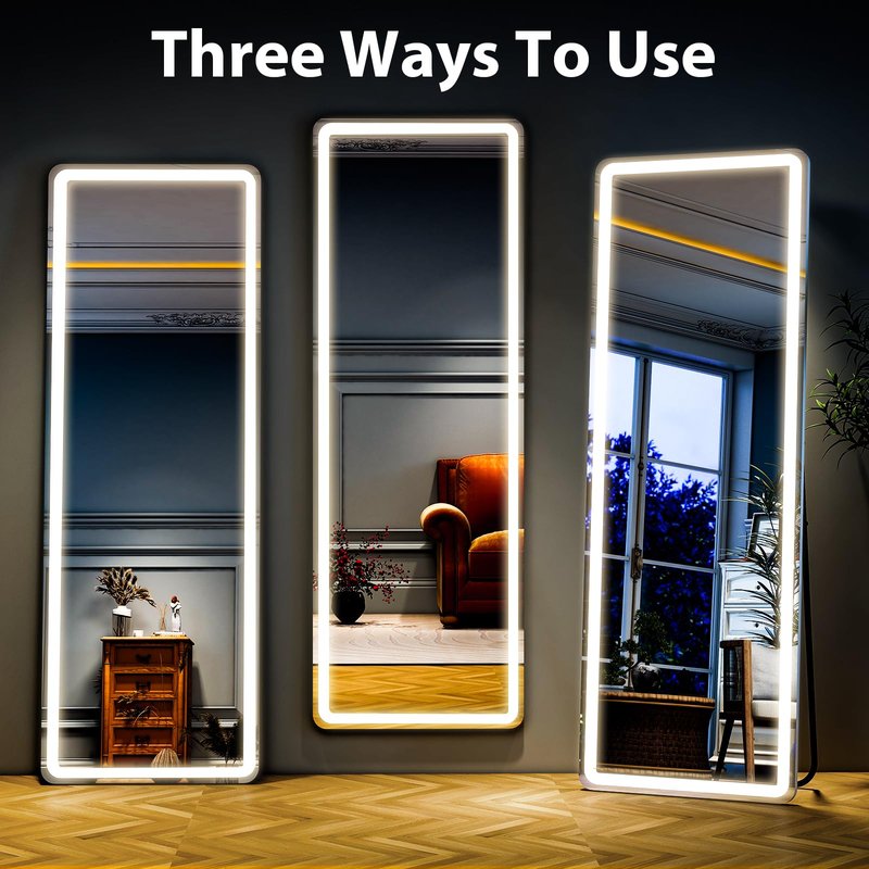 WISSMIELS Full Length Mirror with LED Lights, LED Mirrors Full Length Floor Mirror Full Body Mirror for Bedroom Wall Mounted Free Standing (Rectangle, 48" L×16" W)