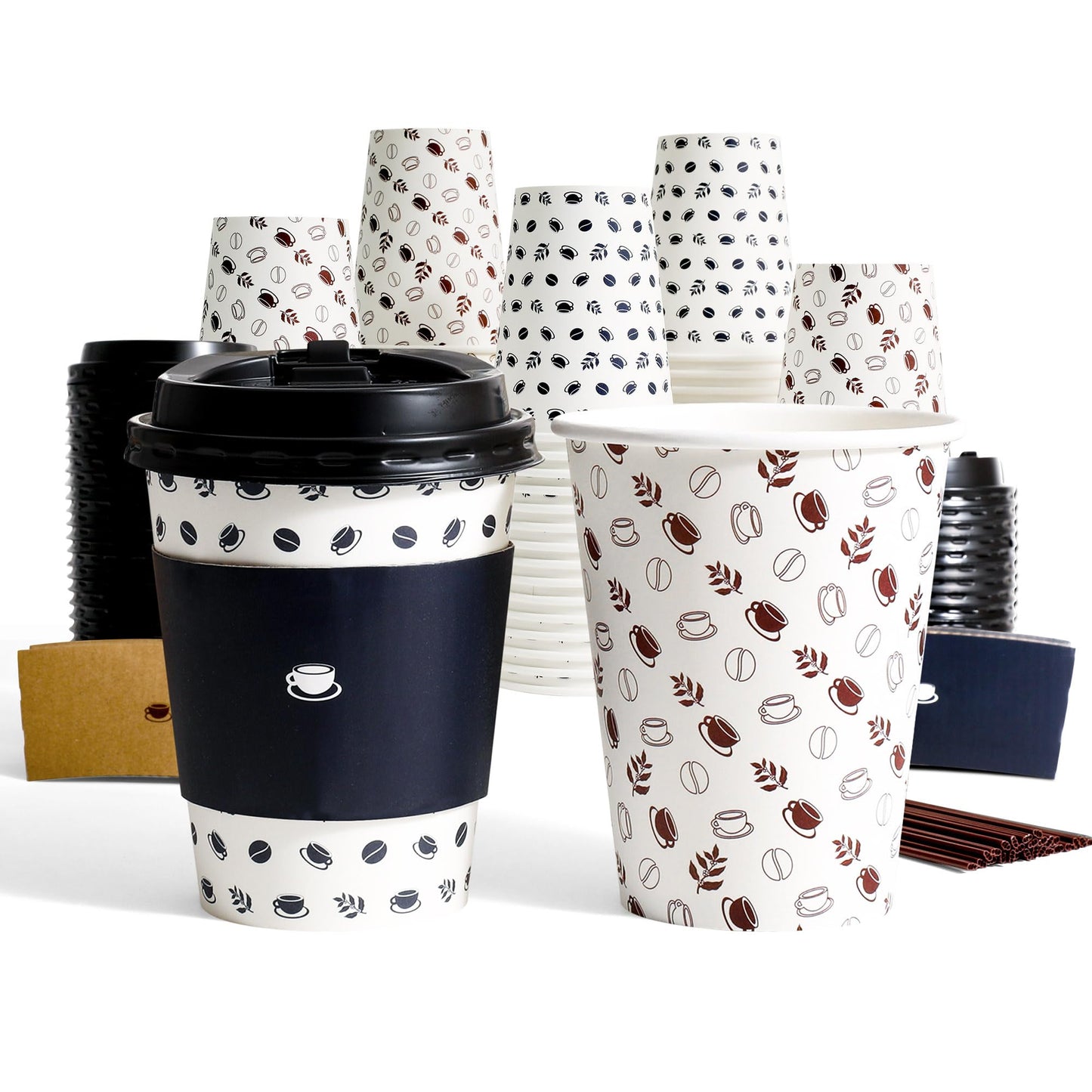 12oz To Go Coffee Cups with Lids, Sleeves and Stirrers (100 Pack), Disposable Paper Cups with two Designs for Home, Business and Café. Hot/Cold Beverage Drinking Cups for Water, Juice or Tea.