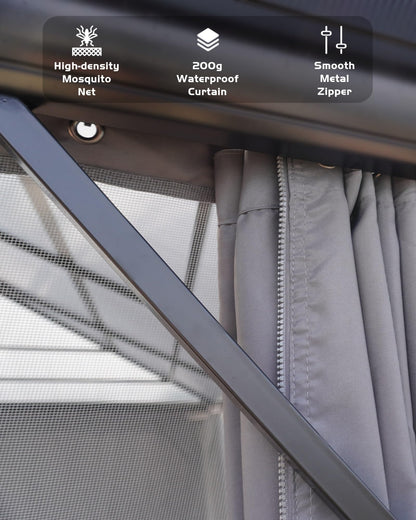 Double Roof Protection, 10'x12' Hardtop Aluminum Gazebo with Netting & Curtains, Permanent Polycarbonate Pavilion for Patio, Backyard, and Lawn (Gray)