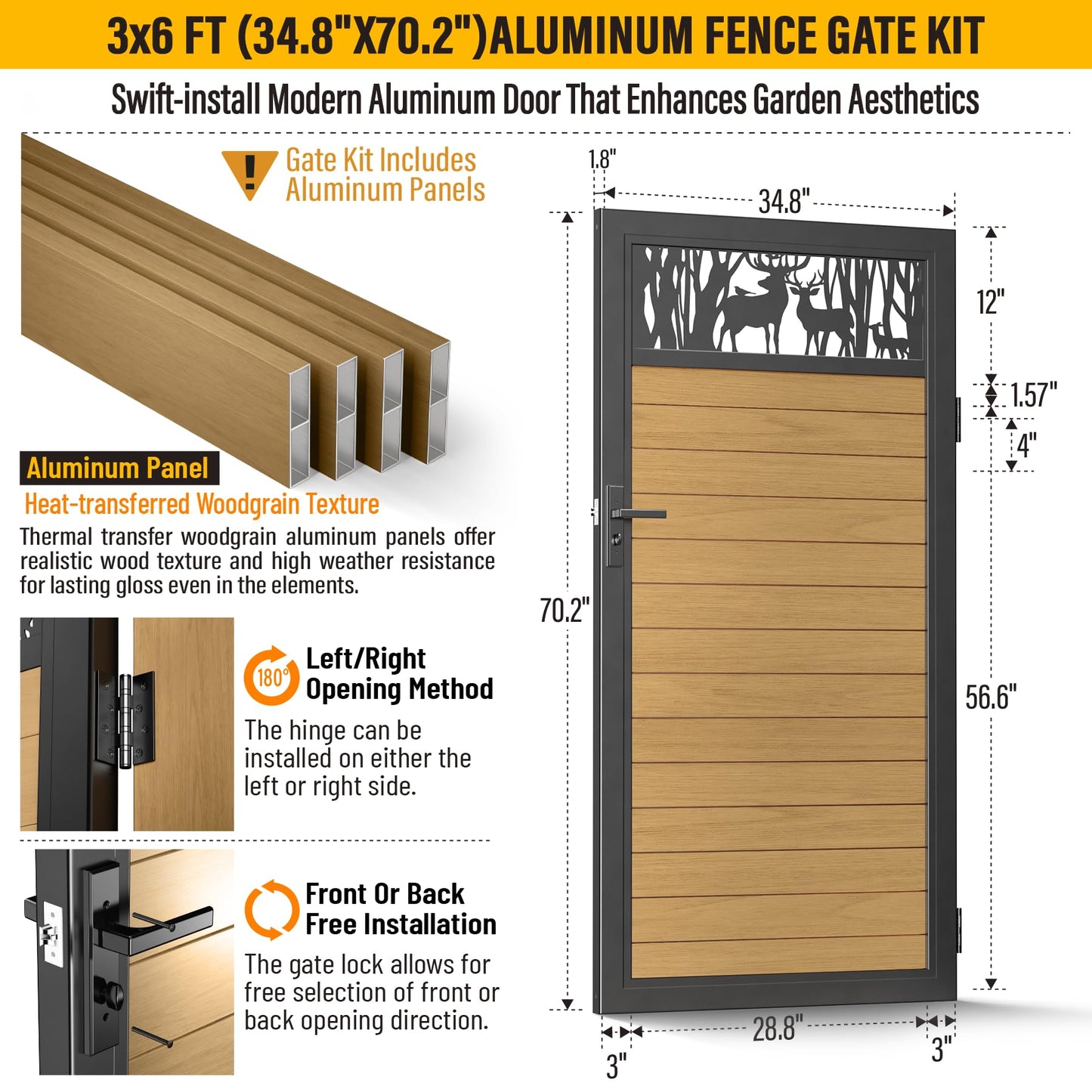 Brukid 3x6 FT Aluminum Fence Gate Kit Wood Grain Aluminum Gate with Decorative Cutout, Lock & Hinges, Left/Right Opening, Weather Resistant for Yard Garden Patio