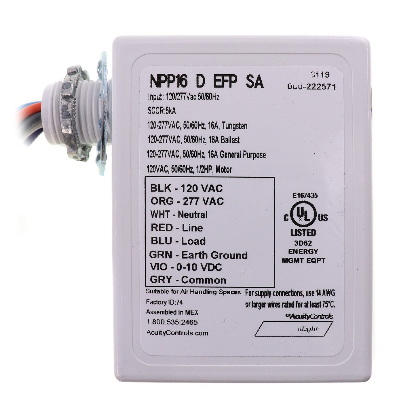 SENSOR SWITCH NPP16-D-EFP-SA 120-277 Volts, 14-122 Degree F, DIMMING, External Fault Protection, J-Box Mount, Power Relay, THERMOPLASTIC, White