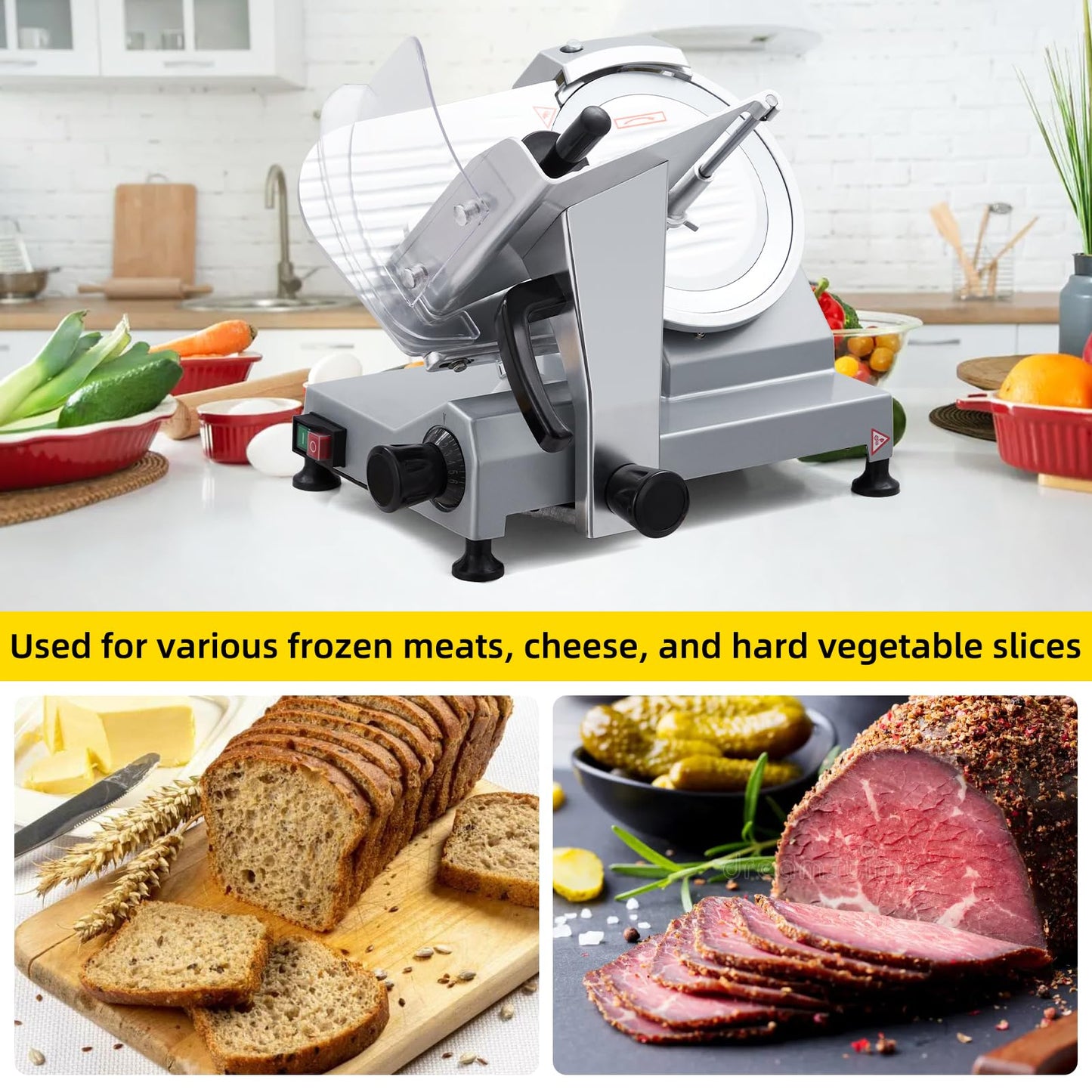 GarveeLife 240W Commercial Electric Meat Slicer, 10-inch Stainless Steel Semi-Auto Food Cutter, 0-12 mm Adjustable Thickness with Precision Control, Safe & Efficient for Deli, Restaurant & Kitchen Use
