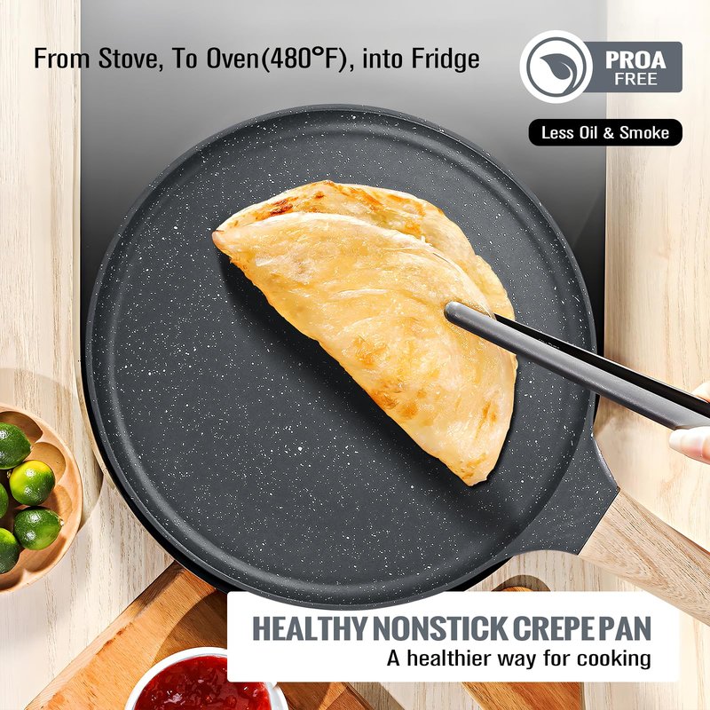 SouxMux Nonstick 11-Inch Crepe Pan with Spreader, Ceramic Coated Dosa Tawa Pan, Induction Compatible Flat Skillet for Pancakes, Omelettes, and More with Cool Handle, PFOA Free