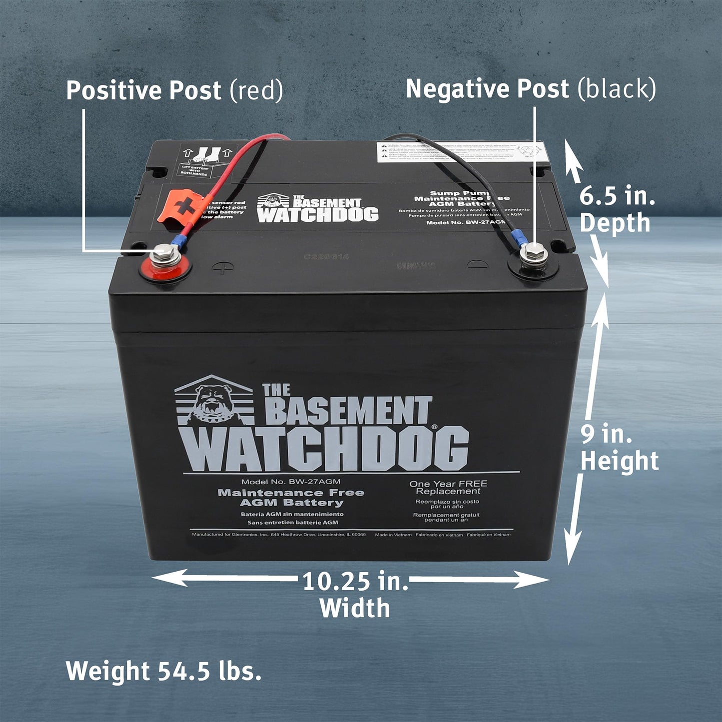 The Basement Watchdog Maintenance Free (AGM) Standby Battery for Backup Sump Pumps (BW-27AGM)