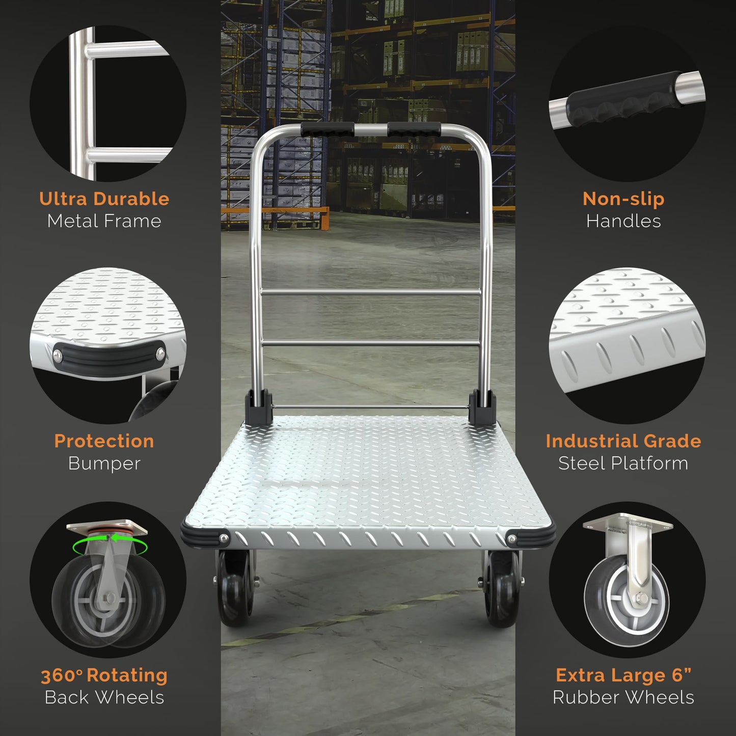 2200 lbs. Capacity Foldable Push Cart Dolly | Moving Platform Hand Truck | Heavy Duty Space Saving Collapsible | Swivel Flat Bed Wagon - Furniture Luggage Lifting