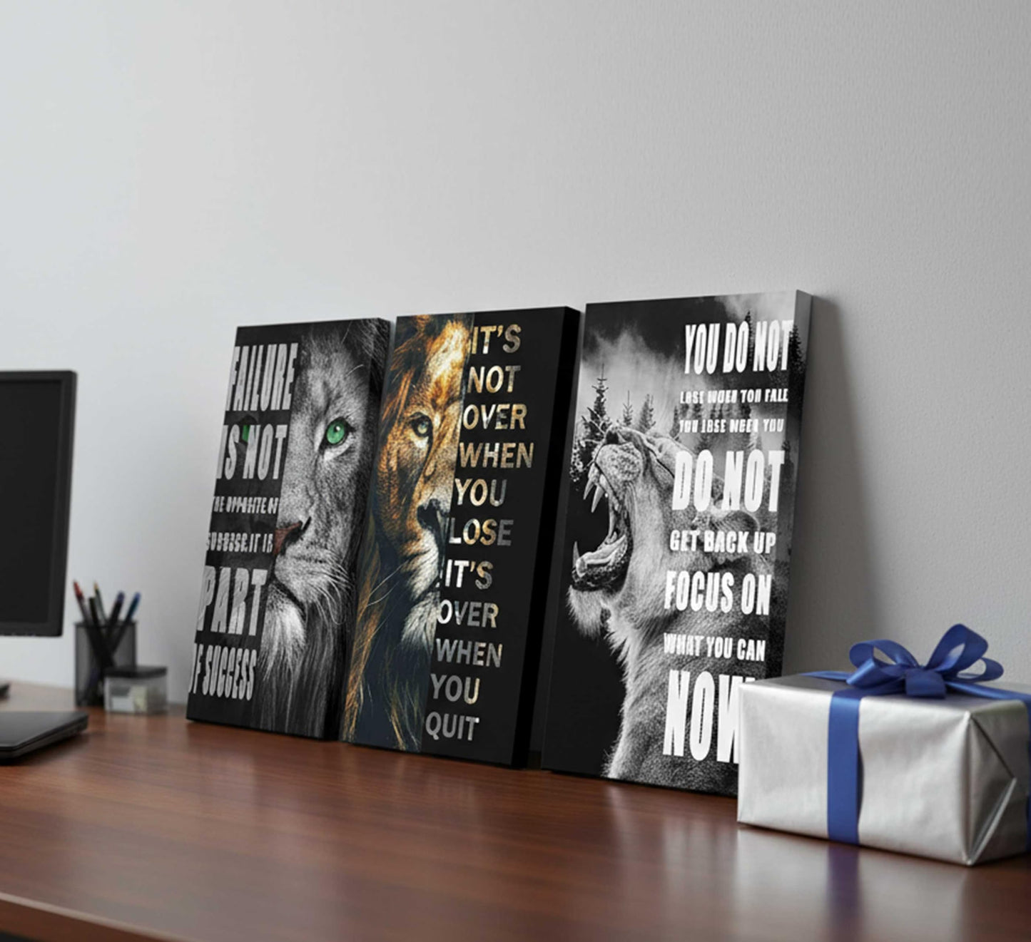 3 Pieces Office Inspirational Canvas Wall Art Modern Motivational Quotes Black And White Lion Pictures Wall Decor Inspiring Poster Print Artwork for Living room Man Room Bedroom Home Decoration
