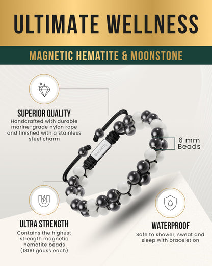 MagnetRX® Hematite & Moonstone Bracelet - MAX Strength Magnetic Hematite Bracelets - Natural Moonstone Crystals White Beaded Bracelets for Women