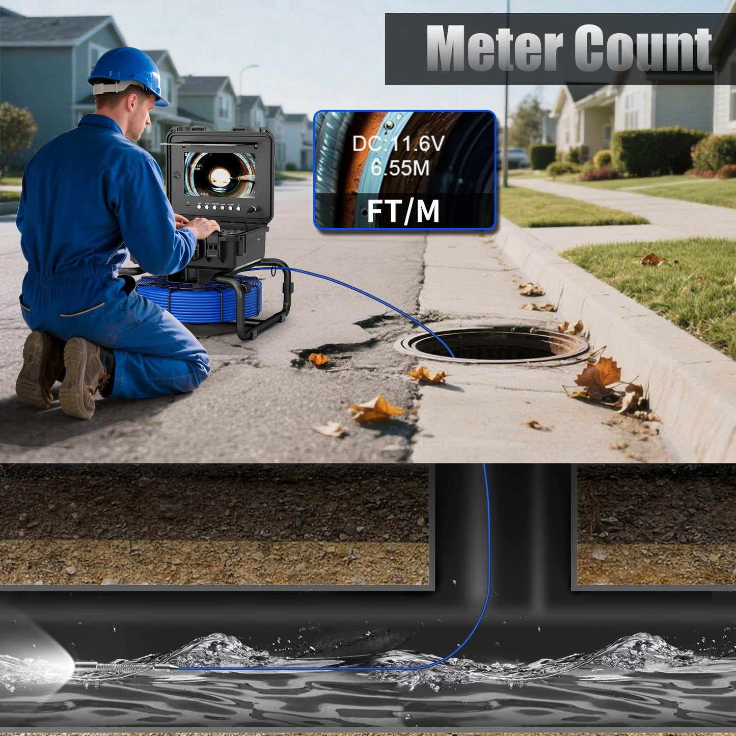 JINXINEBAY 10 Inch IPS Sewer Inspection Camera with 512Hz Locator, 1080P AHD, 50M Cable, DVR, Auto Self-Leveling, 5X Zoom, TF Card, LED Lights for Pipe/Wall/Drain (100FT)