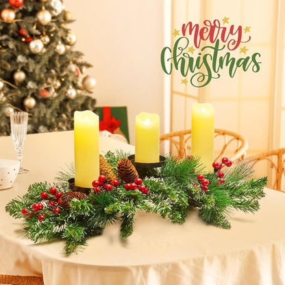 Brightown 20.5” Iron Christmas Candle Holder - Festive Pine Needles, Red Berries & Gold Accents