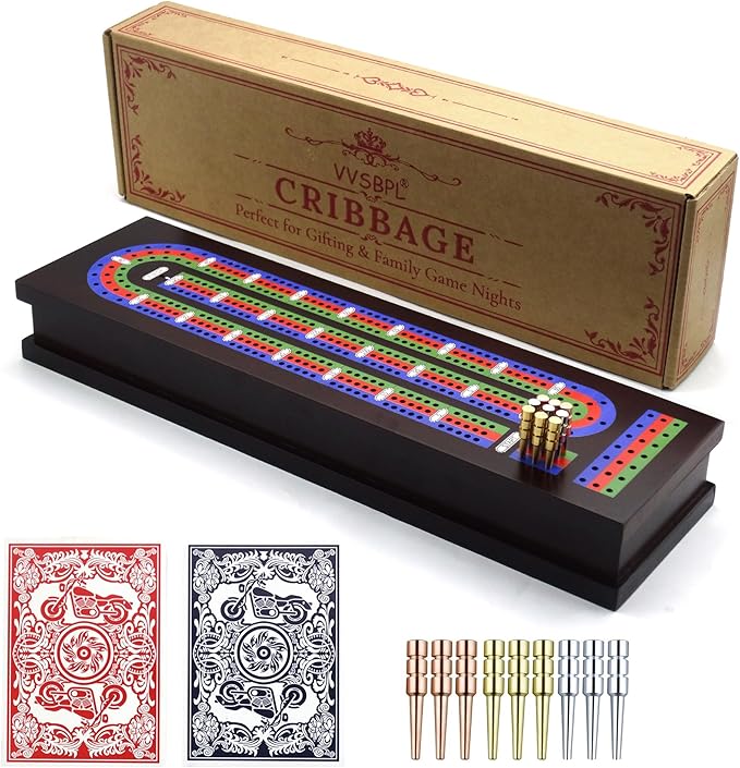 Wooden Cribbage Board Game Set with Metal Pegs and 2 Decks of Playing Cards Travel Cribbage Board with Card Storage Magnetic Lock Classic Continuous 3 Track Cribbage Set for Family