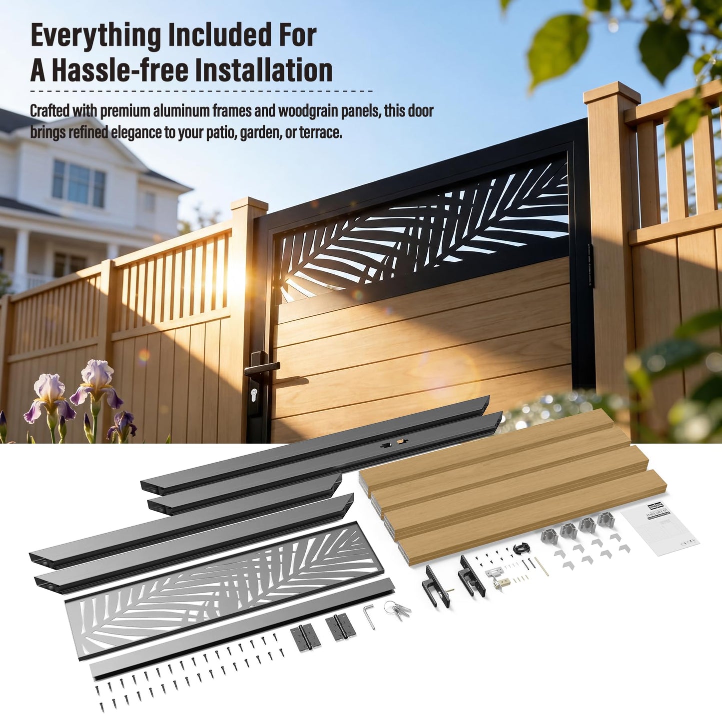 Brukid 4x5 FT Aluminum Fence Gate Kit Wood Grain Aluminum Gate with Decorative Cutout, Lock & Hinges, Left/Right Opening, Weather Resistant for Yard Garden Patio