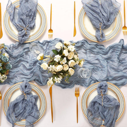 Windkream 2 Cheesecloth Table Runners and 24 Napkins Set, 10Ft Boho Cheese Cloth Table Runners 20 x 20 Inch Rustic Wrinkled Gauze Napkins for Wedding Birthday Baby Shower Party Decor (Dusty Blue)