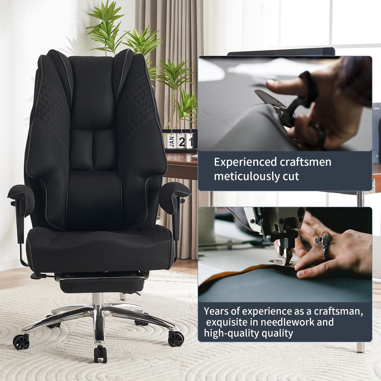 Big and Tall Office Chair 400lbs Wide Seat, Leather High Back Executive Office Chair with Foot Rest, Ergonomic Chairs Lumbar Support for Lower Back Pain Relief (Mesh Black)