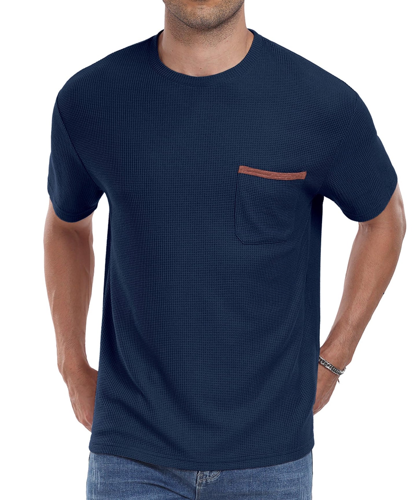 NUOKESASI Mens Casual T-Shirt Short Sleeve Crew Neck Soft Tee Shirts Summer Beach Waffle Textured Tops with Pocket Navy Blue-M