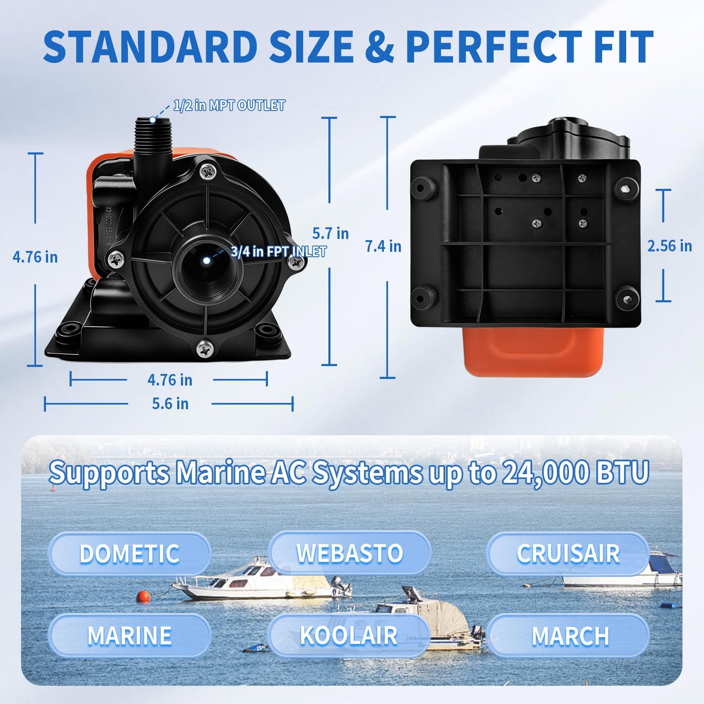 Marine AC Pump 500GPH 115V, Marine AC Water Pump, Magnetic Drive Seawater Circulation Pump Compatible with Dometic, Webasto, Cruisair and Marine Air Systems up to 24000 BTU, with Run-Dry Protection