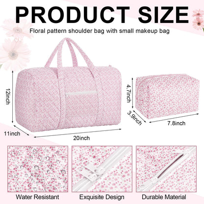 Bulyoou 2 Pack Floral Travel Duffel Bag Large Quilted Travel Duffle Bag and Floral Makeup Pouch Portable Gym Lightweight Weekender Organizer with Zipper Pockets Grocery Pouch for Women(Pink)