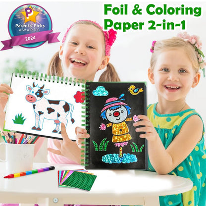 FUNNYB&G Foil Art Craft Kit for Girls 4-10 Years Old: Mess-Free & No-Glue, Create 16 Sparkly Farm Pictures – Perfect Travel Toy & Birthday Gift for Kids（Farm