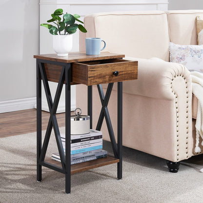 VECELO Tall End Side Tables,27 Inch Night Stand with U-Shape Basket and Storage Drawer/Shelf for Living Room/Bedroom/Small Spaces,Set of 2,Brown