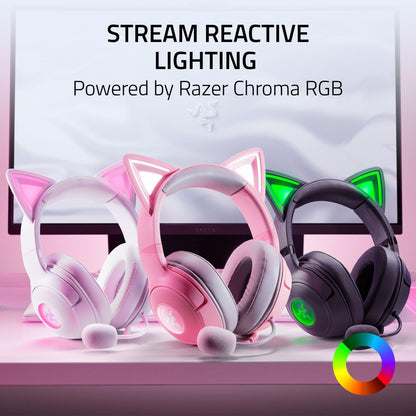 Razer Kraken Kitty V2 USB Wired Headset: Chroma RGB Kitty Ears - Stream Reactive Lighting - HyperClear Cardioid Mic - 40 mm Drivers - 7.1 Surround Sound - Comfortable Ear Cushions - Quartz Pink