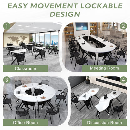 JFazzruit Folding Conference Table,Fan-Shaped Conference Room Tables with Wheels, Mobile Modular Seminar Meeting Desk for Classrooms,Office & Seminar (4, Fan-White)