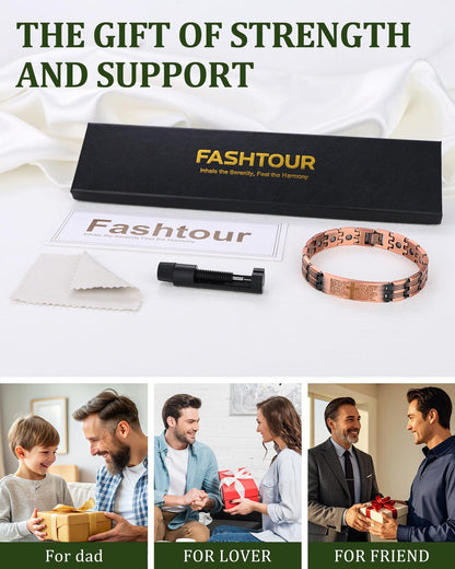 Fashtour Copper Cross Bracelet for Men, Ultra Strength Magnetic Jewelry, Rice-Ear Design Adjustable Copper Biblical Cross Bracelet with Sizing Tool & Box