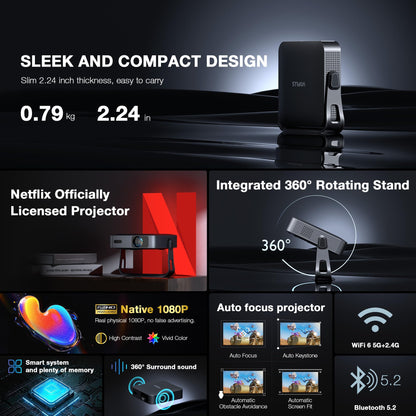 【Thinnest & Netflix-Licensed Projector】Smart Mini Projector with WiFi and Bluetooth, Auto Focus & Keystone Portable Outdoor Projector, VOPLLS Native 1080P 4K Supported Home Movie Projector(black)