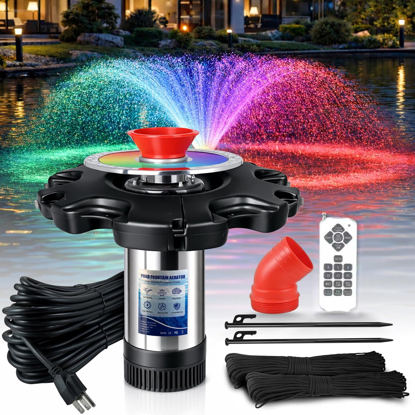 Pond Fountain Aerator, LED RGB Multicolor Aerator Floating Fountain Light, 750W 1HP 15000 GPH Floating Pump,IP68,for Ponds & Lakes