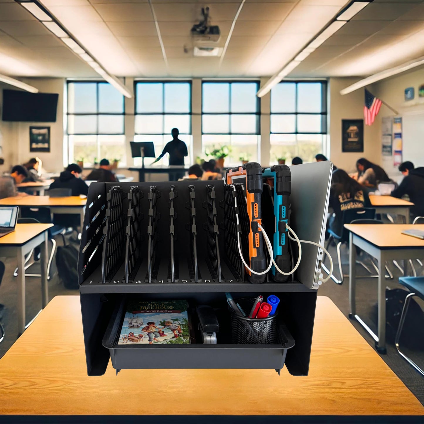 Plugsharge 10-Device Laptop & Tablet Charging Station with 6 AC Outlets & 4 Fast-Charging USB Ports, Charging Rack for Chromebooks, iPads & Devices Up to 15.6", Classroom, Office & Library Organizer
