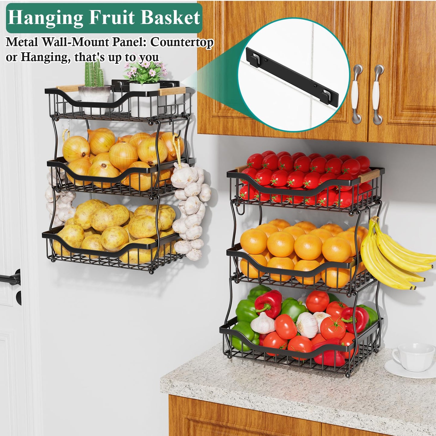 OKZEST 3-Tier Fruit Basket for Kitchen Counter with 2 Banana Hangers, Countertop Organizer Fruit Bowls, Fruit Storage Basket Stand with Handle for Storage Potato Onion Bread Snack Fruit Veggie