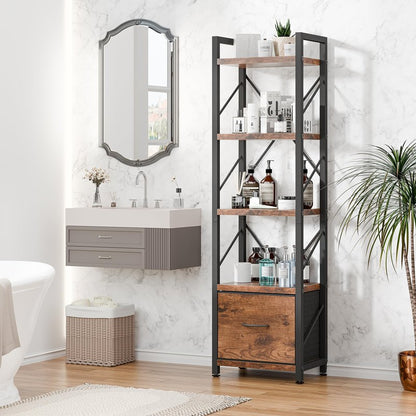 Shintenchi 5 Tier Bookshelf with Drawer, Tall Narrow Industrial Bookcase - Open Standing Shelf Unit, Freestanding Wood & Metal Display Shelves Storage Organizer for Bedroom, Living Room, Rustic Brown