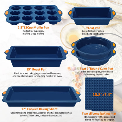 To encounter 8 in 1 Silicone Baking Set - 6 Cake Molds - 2 Silicone Baking Mat, Nonstick Cookie Sheet, Cake Muffin Bread Pan with Grips and Metal Reinforced Frame More Strength, Navy Blue