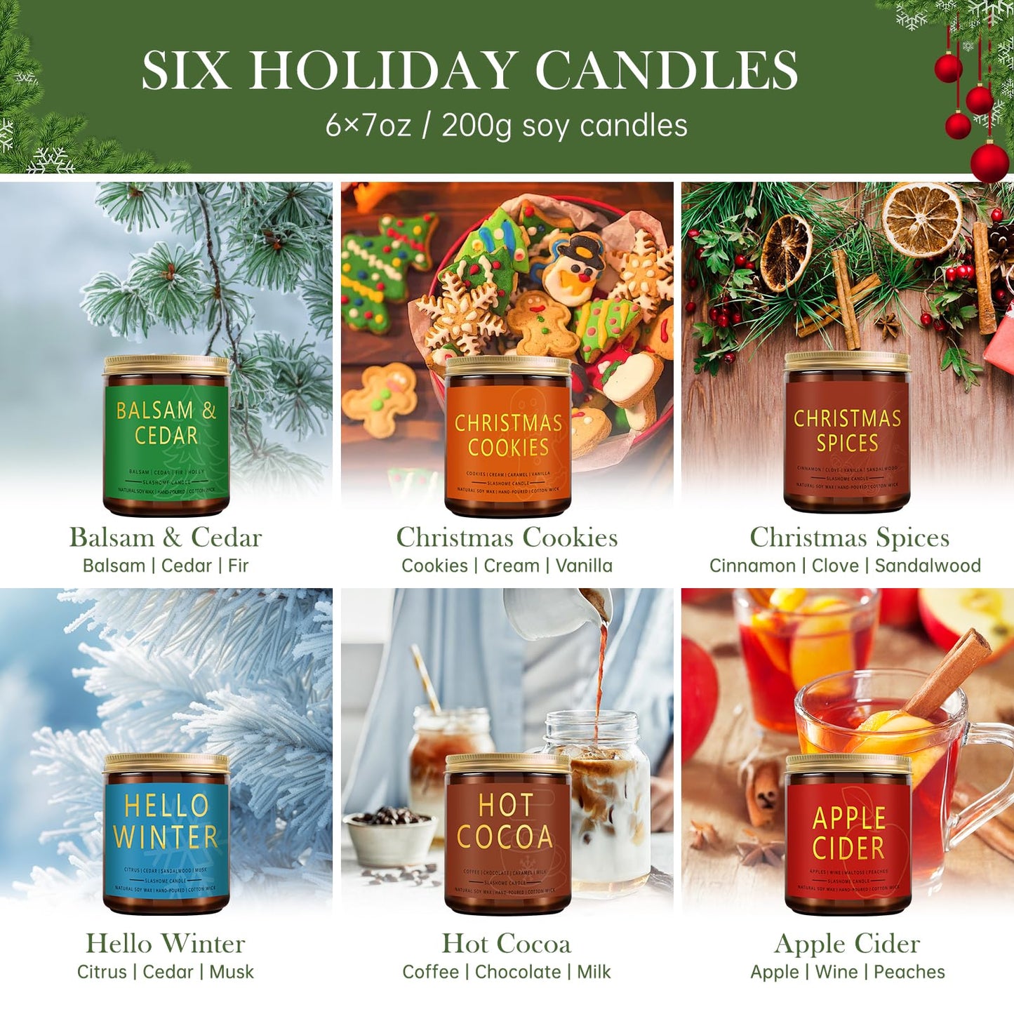 Christmas & Winter Candle Gift Set, 6 Pack 7oz Soy Scented Candles for Home, Holiday & Birthday Gift for Women & Men, Balsam Cedar, Christmas Cookies & Spices, Apple Cider, Hot Cocoa & Hello Winter