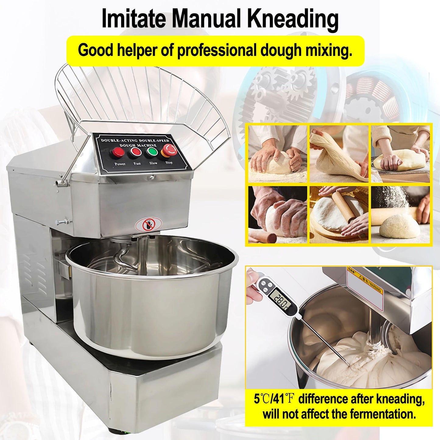LGXEnzhuo 40L Commercial Dough Mixer with Dual Rotation and Double Speed, 1800W Electric Dough Kneading Machine - Stainless Steel, Spiral Hook, Emergency Stop, for Pizze and Bread