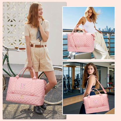 Gifts for Women Teen Girls Birthday Initial Travel Duffle Bag Quilted Weekender Bags Carry-On Overnight with Cosmetic Bag, Gym Bag with Shoe Compartment, Pink-R