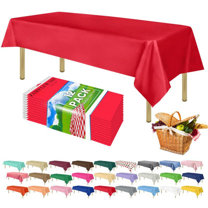 ZIMPLEWARE Premium Red Plastic Table Cloth Disposable (12 Pk) Plastic Tablecloths for Rectangle Tables (54in x 108in) Party Table Cloths Disposable for 6ft to 8ft Rectangle Tables