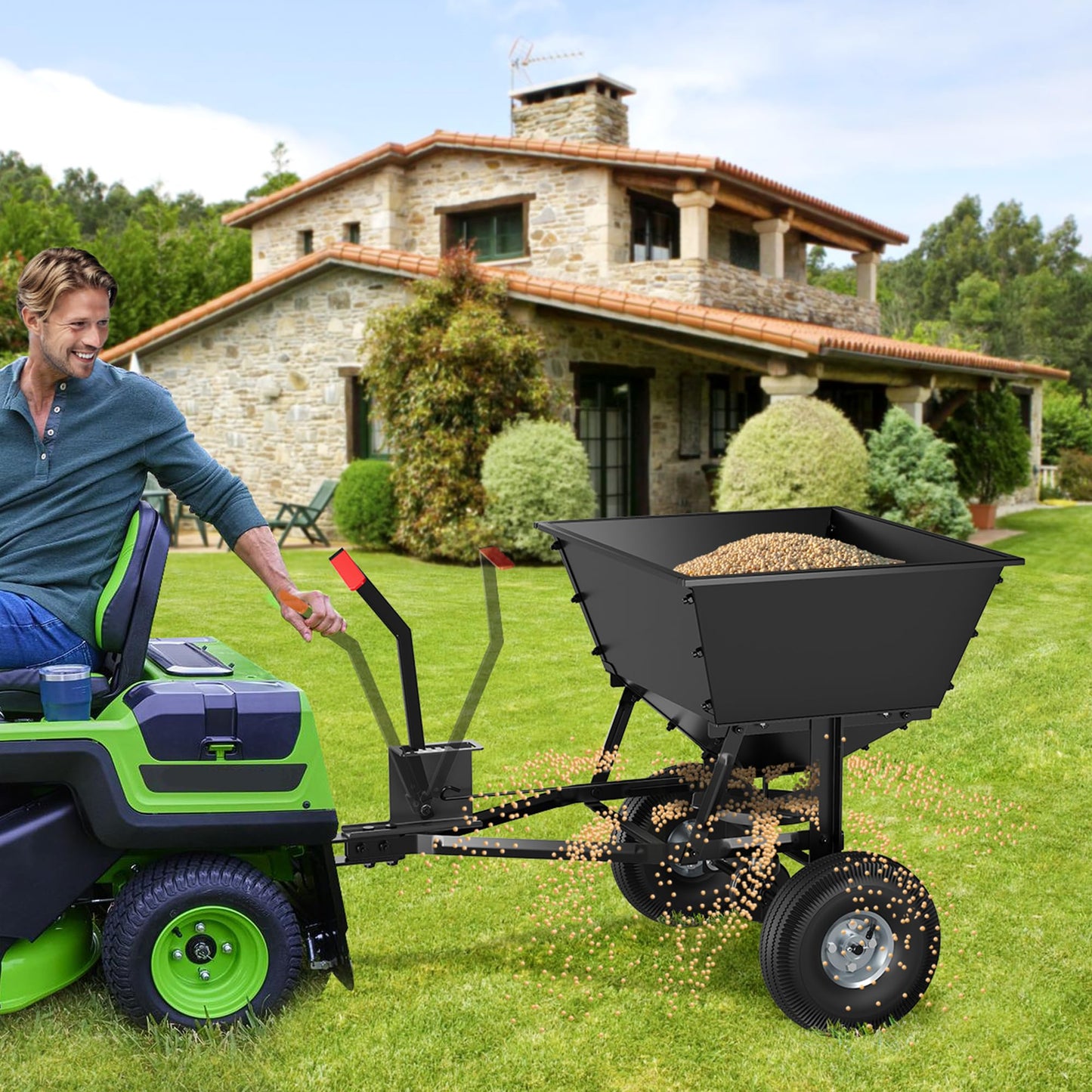 Suchtale Tow-Behind Broadcast Spreader, 130 lbs Capacity, Heavy Duty Fertilizer and Seed Spreader with Adjustable Flow Control Lever,10" Pneumatic Tires, Durable Metal Hopper for Various Terrain Type