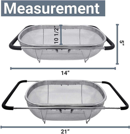 Makerstep Over the Sink Colander Strainer Basket Stainless Steel, For Kitchen Sink with Rubber Grip, Fine Mesh, Large Kitchen Gadgets Tools, Expandable Home Kitchen Essentials