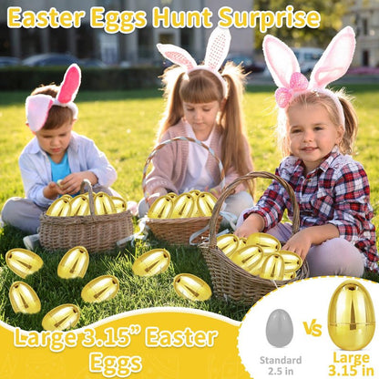 12 Pack 3.15" Large Golden Easter Eggs Empty, Shiny Metallic Plastic Easter Eggs Fillable Surprise Gold Eggs for Easter Basket Stuffers Fillers Easter eggs Hunt Party Favor Classroom Prizes Supplies