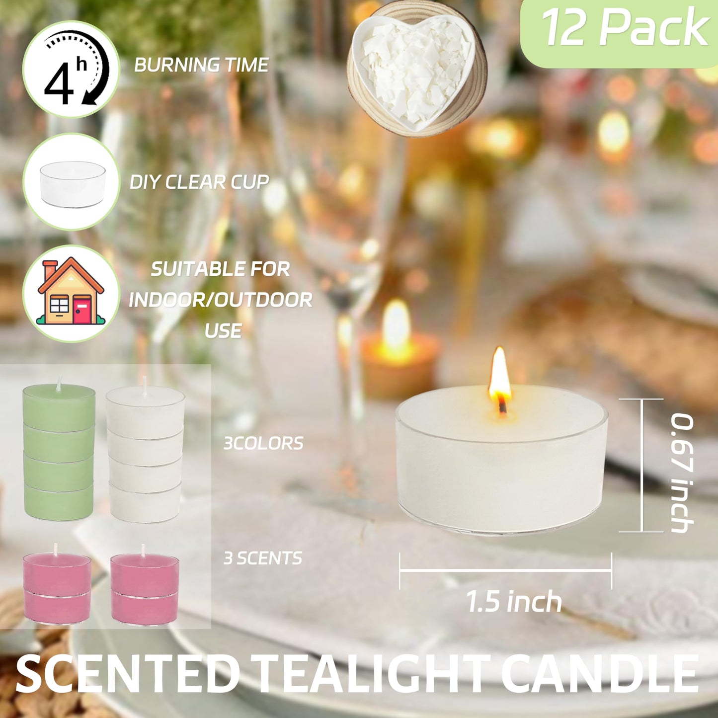 Scented Tea Light Candles 12 Pack Pastel Color Hand Poured Smokeless 4 Hours Clean Burning Small Round Clear Cups Tealight Candles for Romantic Dinners Wedding Centerpieces Cozy Evenings