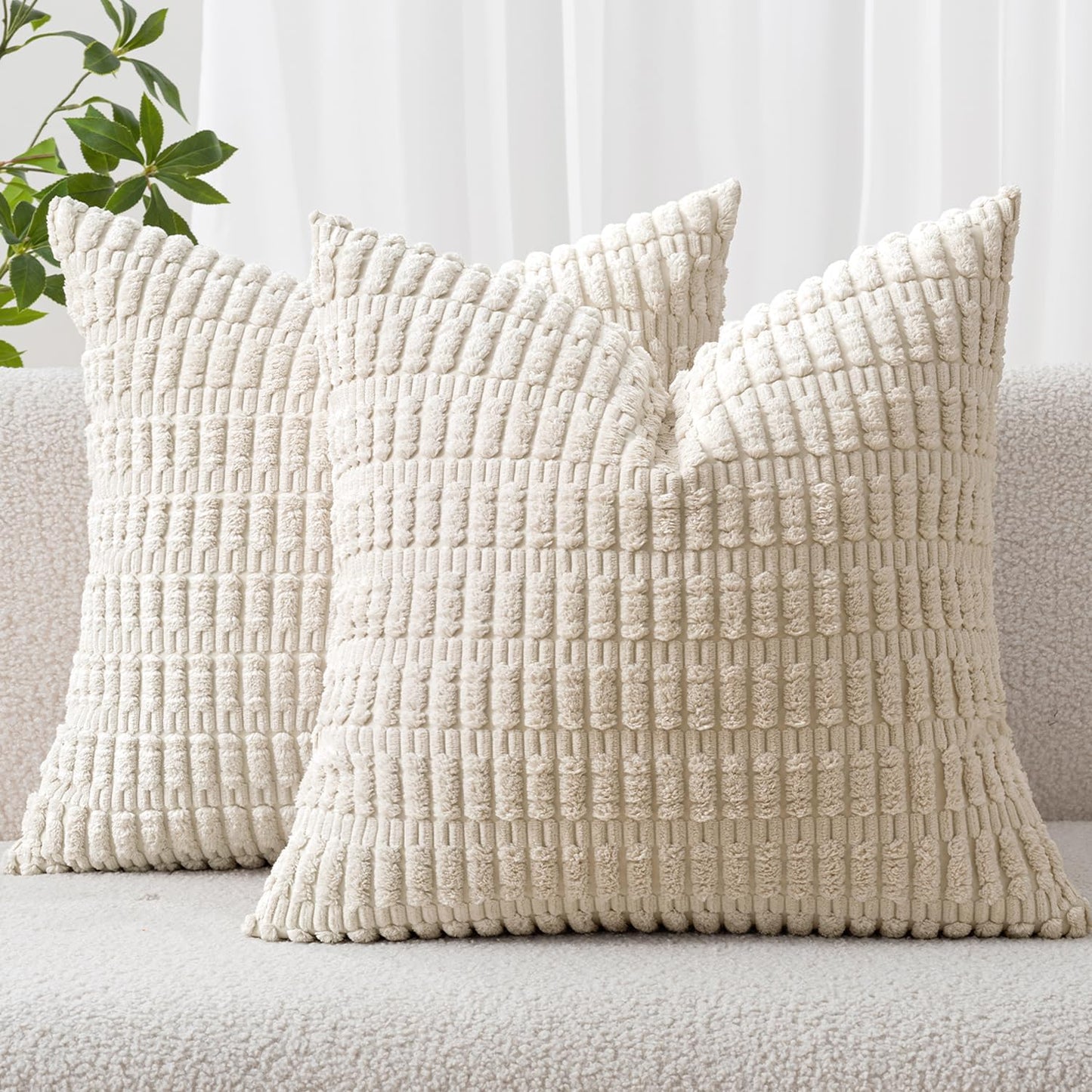 MIULEE Corduroy Decorative Throw Pillow Covers - Soft Boho Striped Design | 12x12 Inch Cream White for Modern Farmhouse Decor