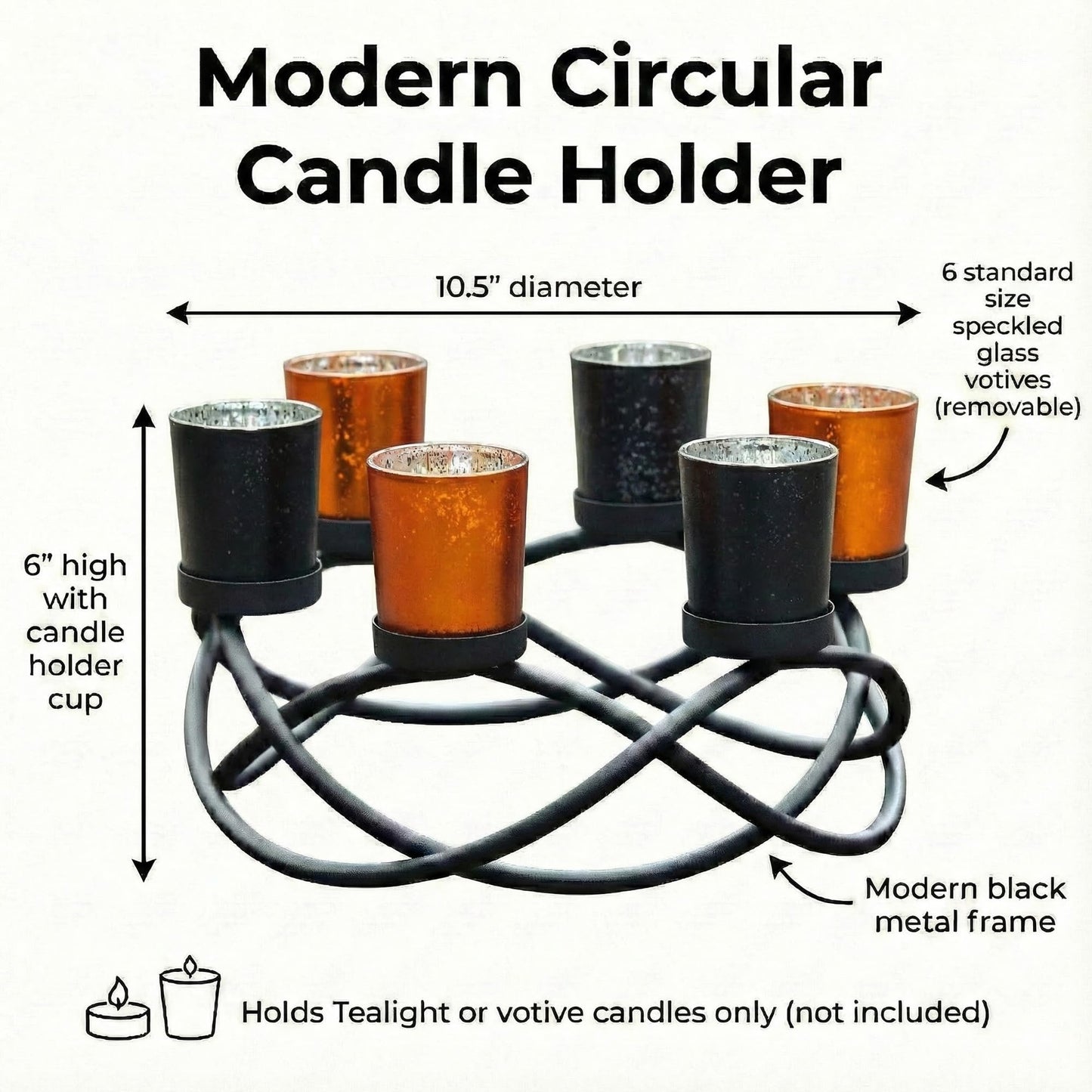 Seraphic Halloween Centerpieces for Decorations - Round Candle Holders for Outdoor Patio, Dining, Kitchen, Coffee & Wedding Table Decor, Black Iron Candelabra, 6 Glass Votive Tealight Cups