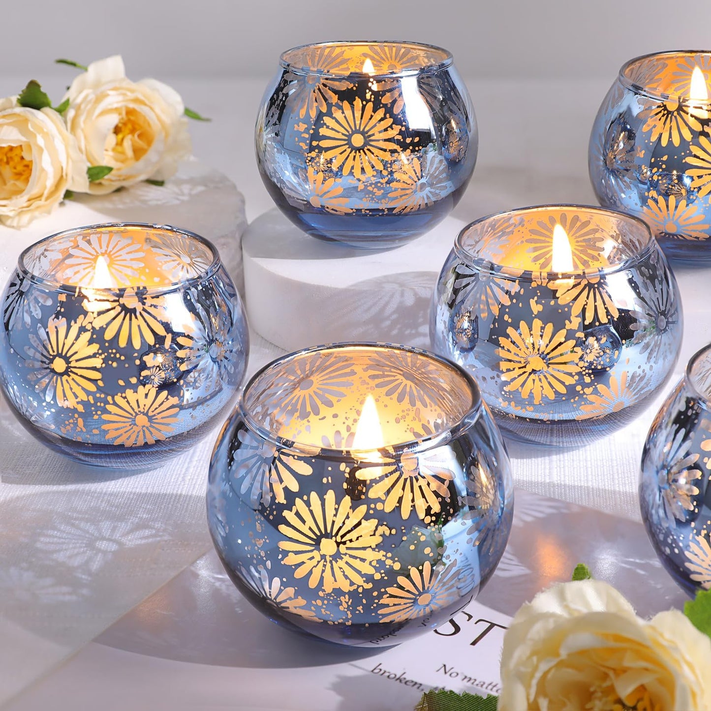 sunnyfuture Blue Mercury Glass Votive Candle Holders Set of 12, Round Tealight Candle Holders Bulk for Table Centerpieces, Weddings, Shower Gifts, Party Decorations